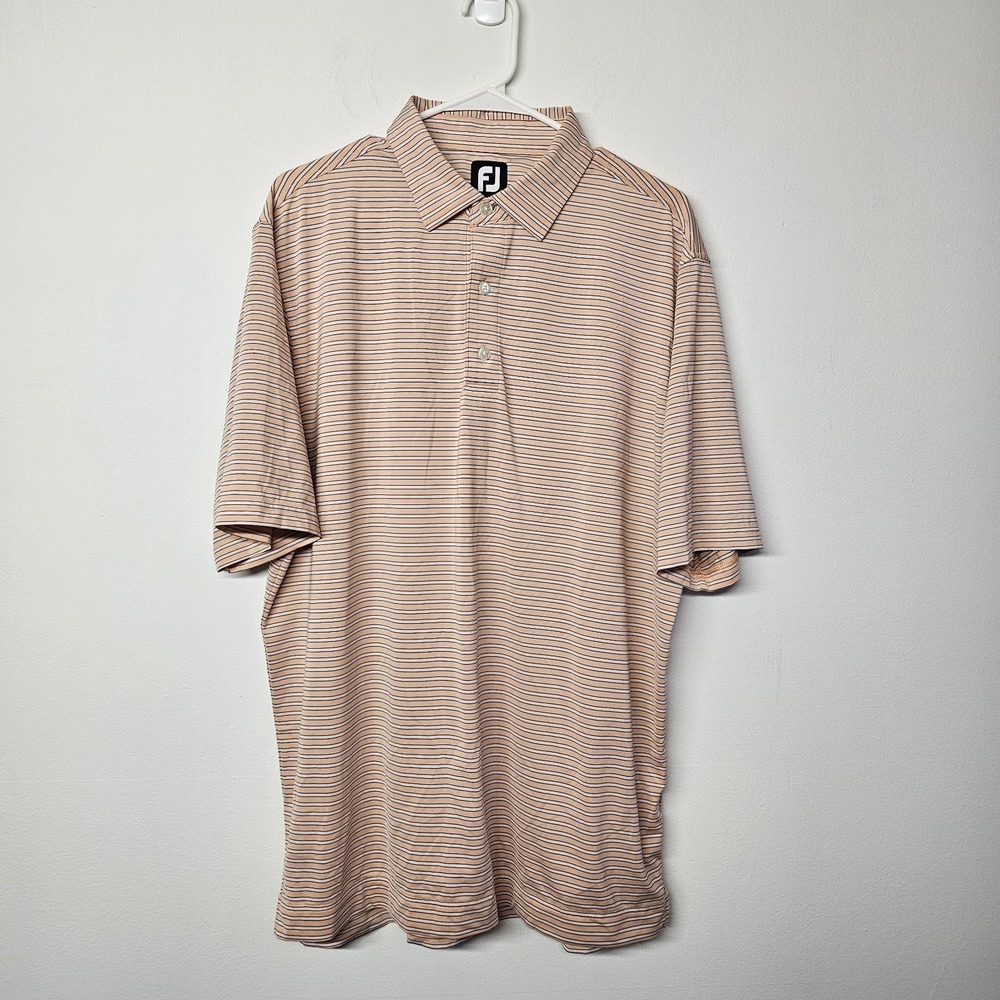 Footjoy Mens Large Polo Golf Shirt Orange White Stripe Short Sleeve Golf Stretch